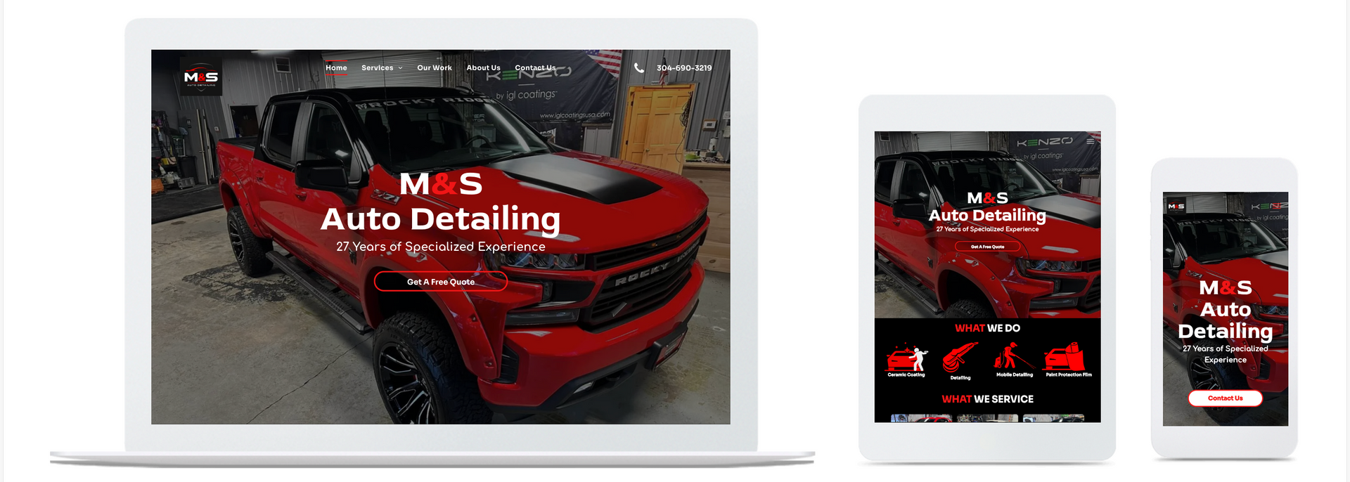 Website mockup showing a red truck on a laptop, tablet, and phone screens. The website is for M&S Auto Detailing.