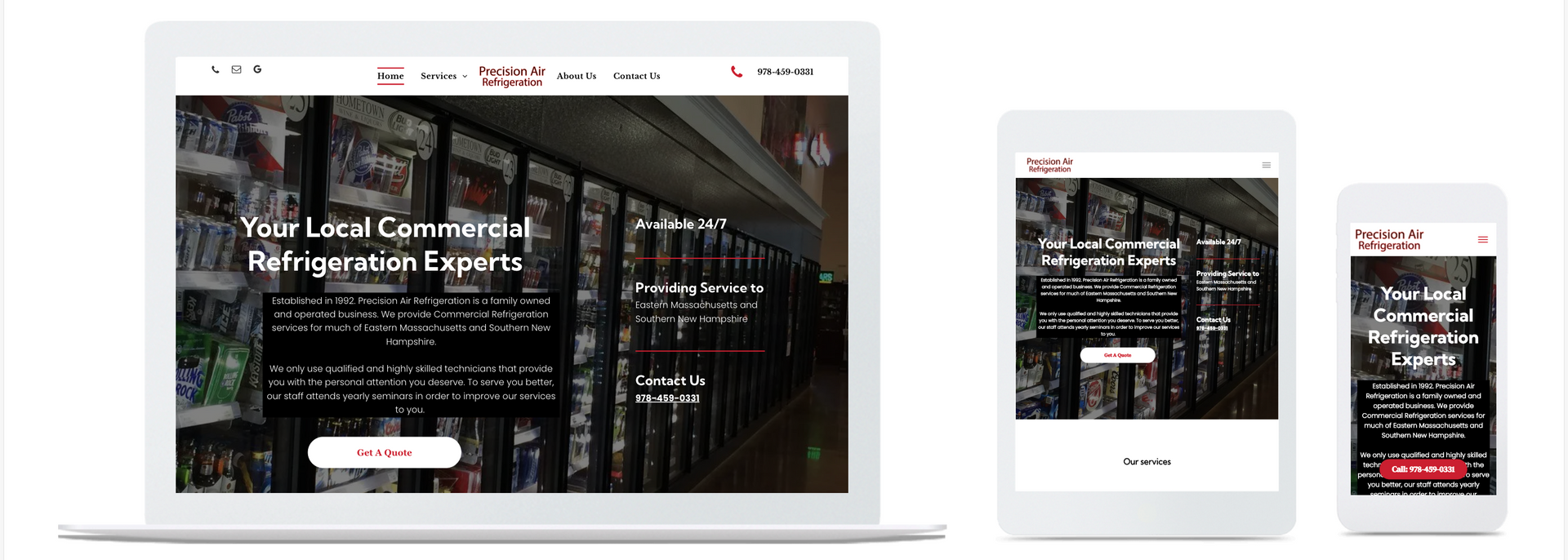 Website design displayed on a laptop, tablet, and smartphone. The website features text on a dark background and an image of a commercial cooler.