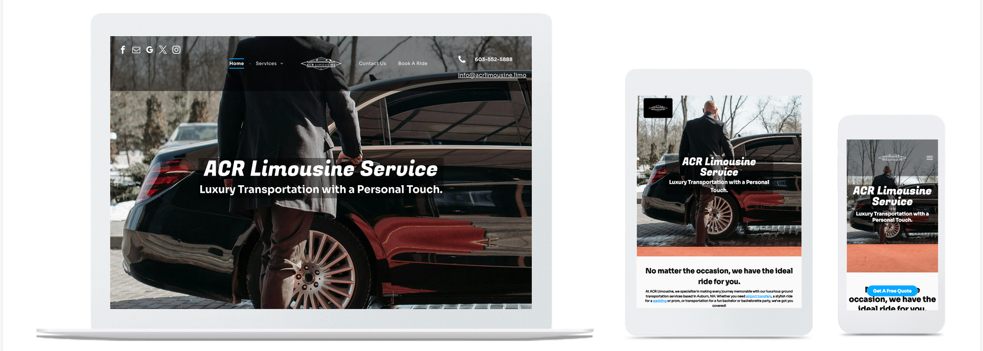 Website design for ACR Limousine Service displayed on a laptop, tablet, and smartphone, showcasing a black car and person.