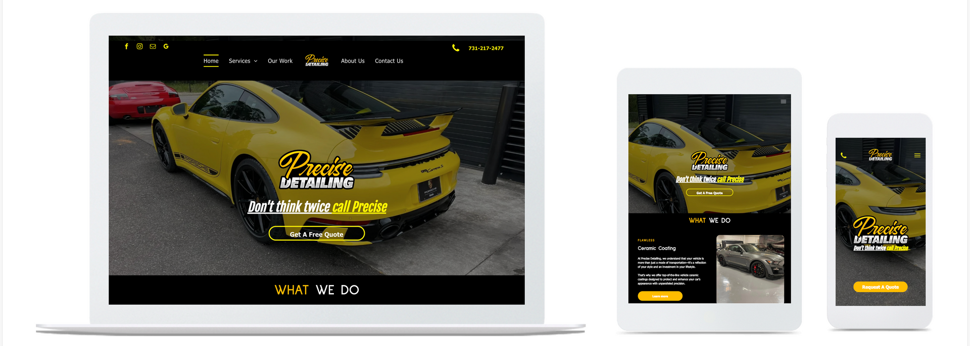 Website design displayed on a laptop, tablet, and smartphone, featuring a yellow car and 