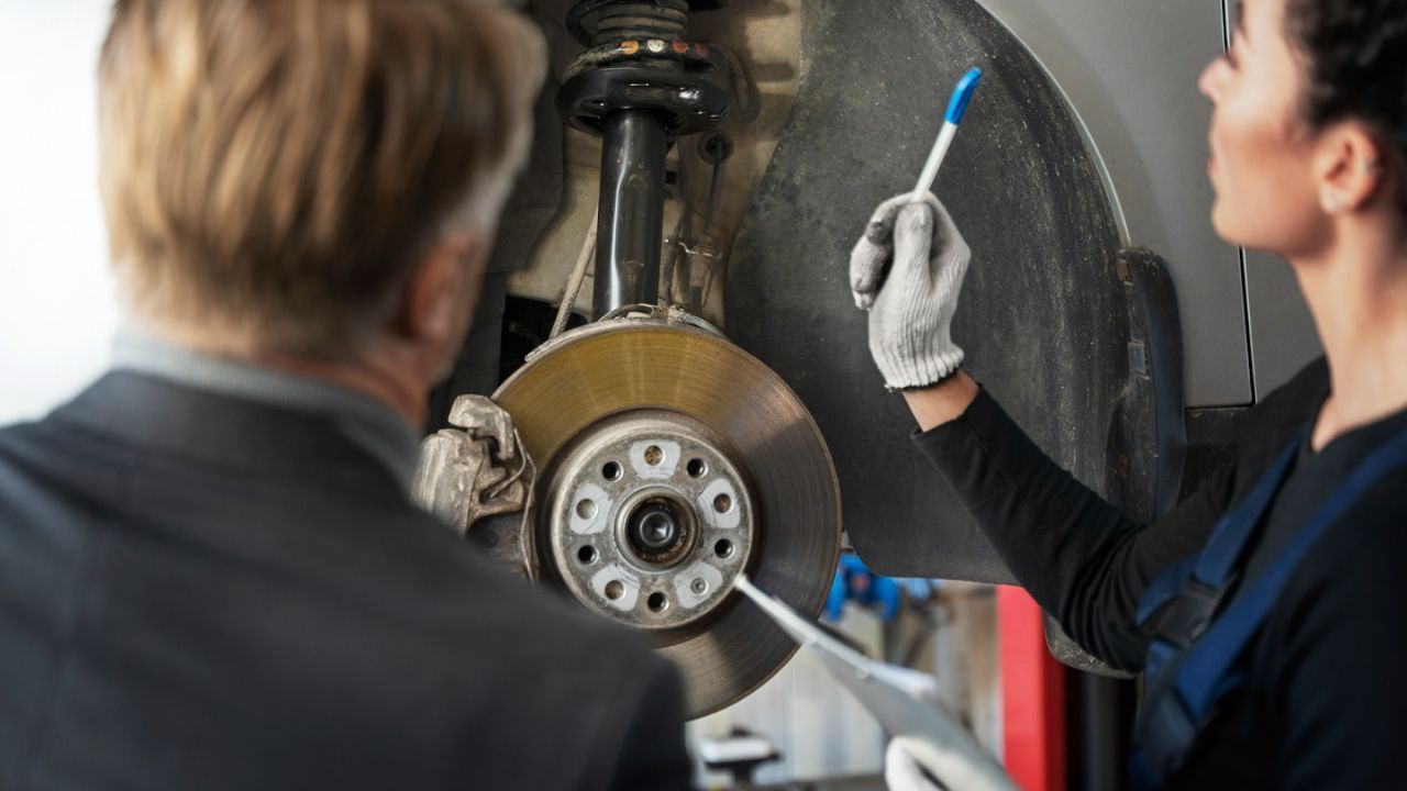 Auto technician pointing at a car’s brake system while explaining repairs to a customer