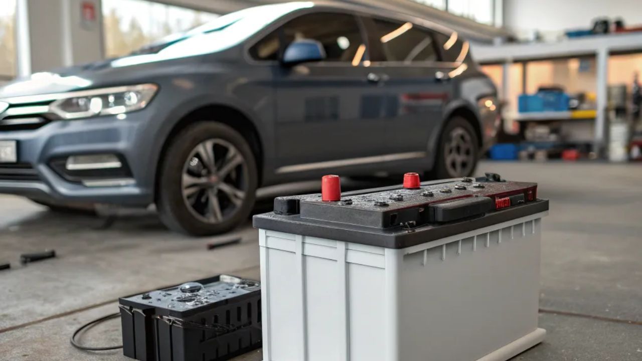 Car battery positioned inside a garage during routine vehicle maintenance