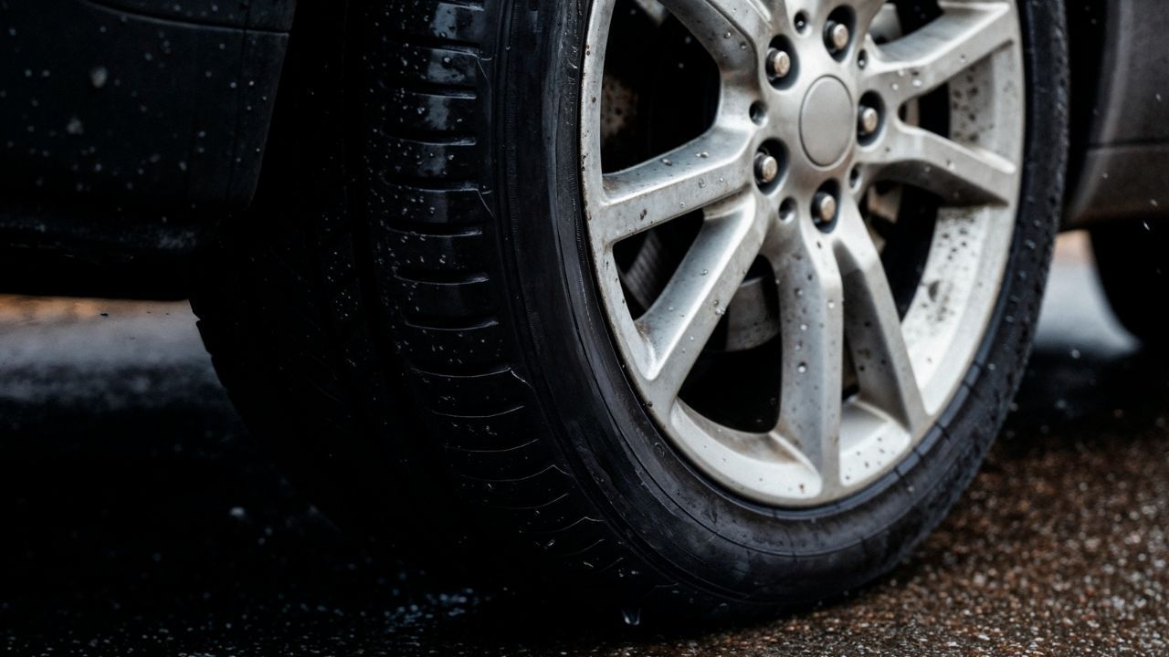 Close-up of car tire on wet road showing traction and grip
