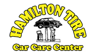 Logo for Hamilton Tire Car Care Center, with car on lift being serviced. Yellow lettering on white background.