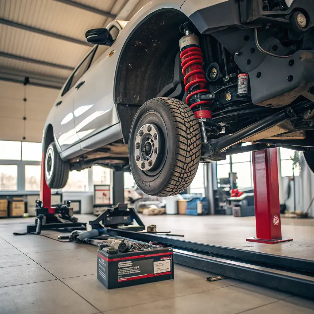 Winter stress check on suspension and steering at an auto service center
