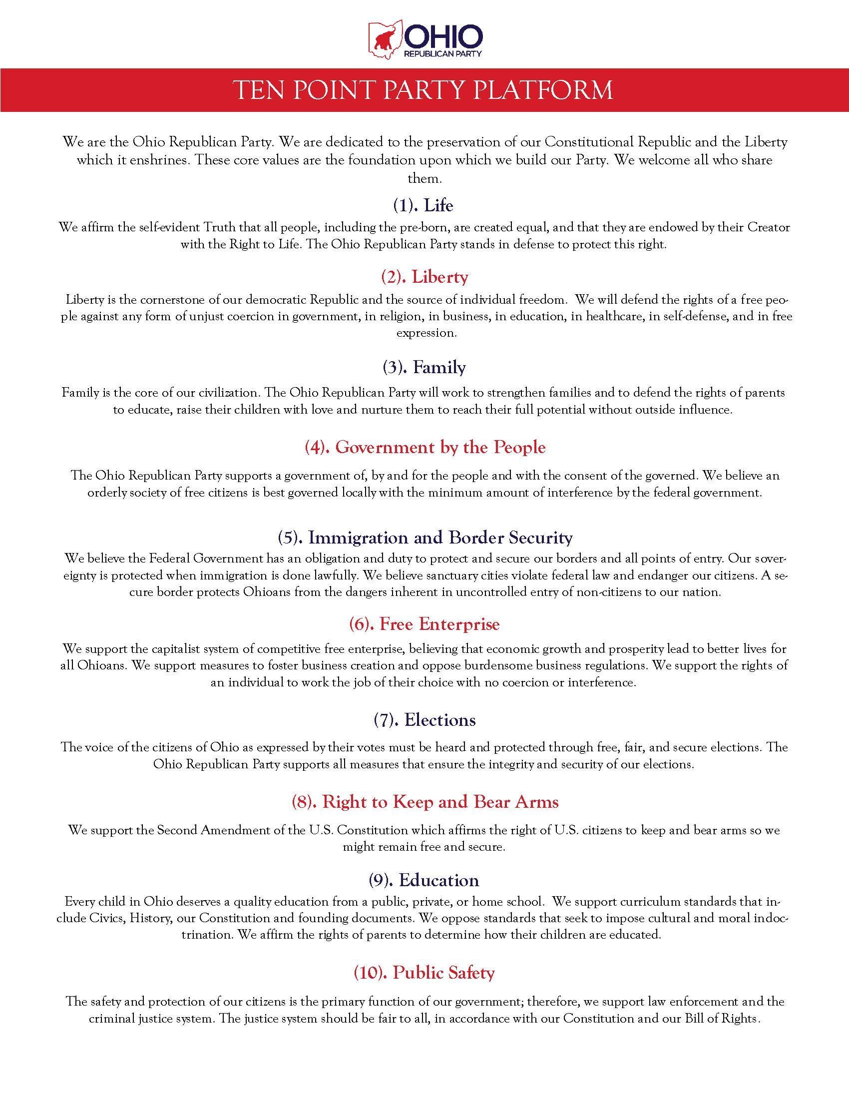 Ohio Republican Party 10 Point Platform