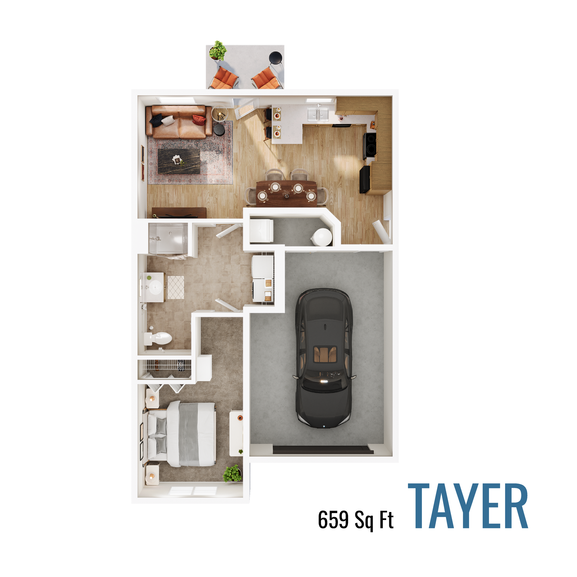 Tayer floor plan with 659 square feet