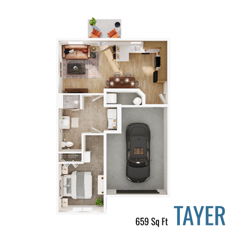 Tayer floor plan with 659 square feet