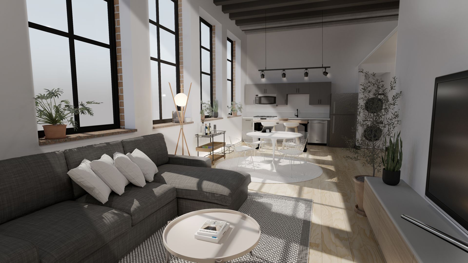 Living Room rendering with kitchen 02