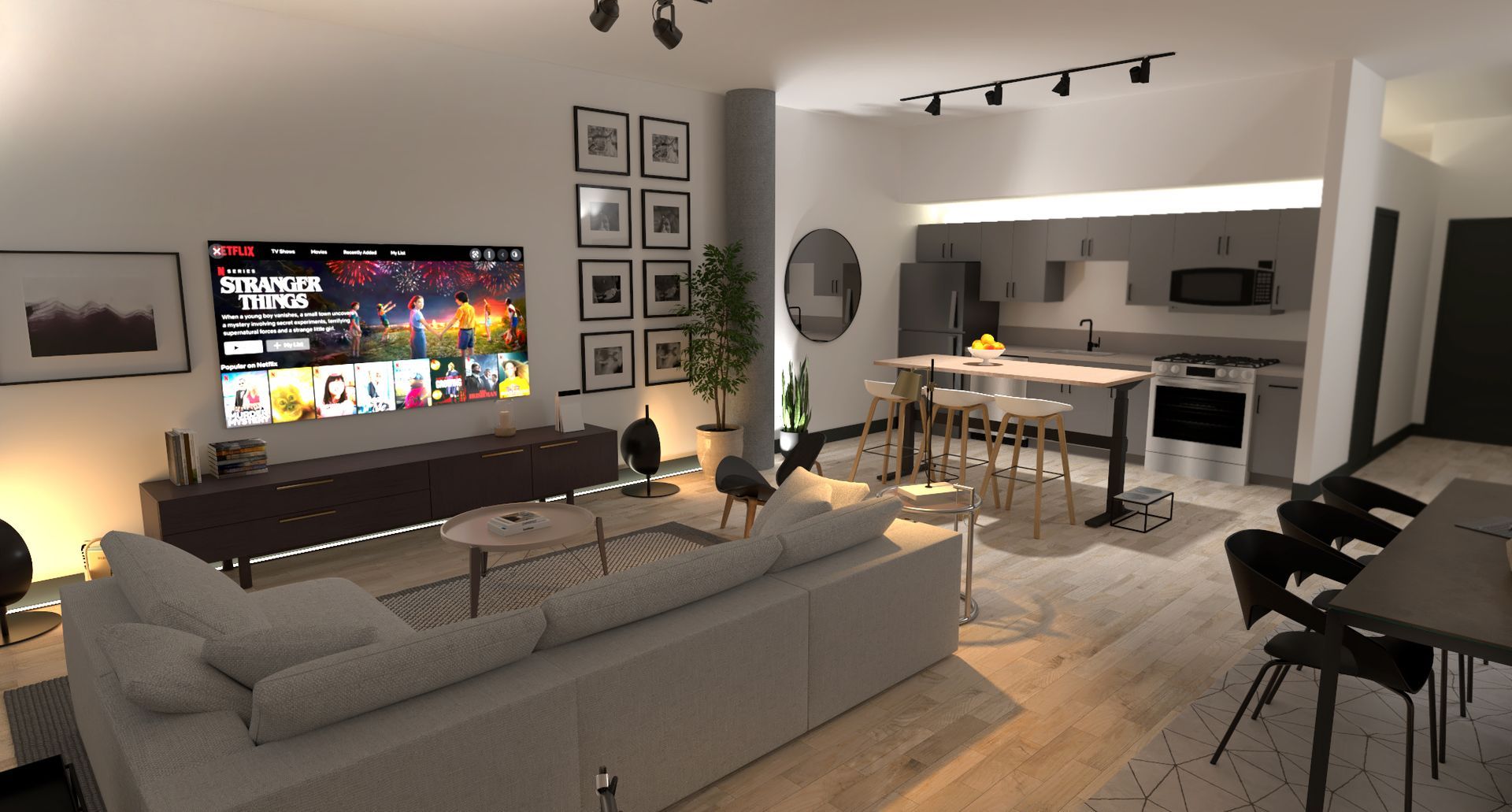Living Room rendering with kitchen