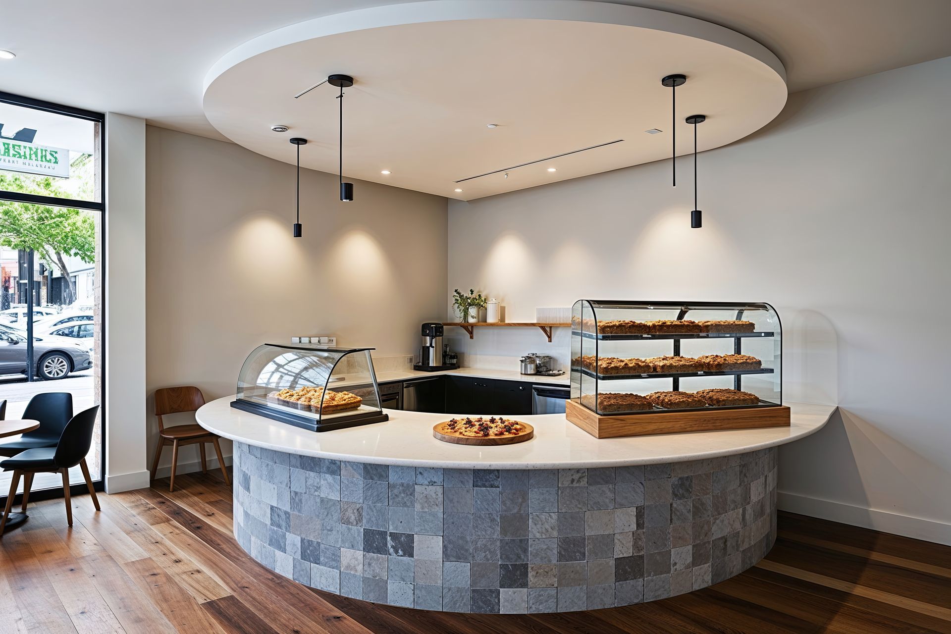 Woman wiping a wooden table in an outdoor dining area. She wears a denim apron and holds a spray bottle.