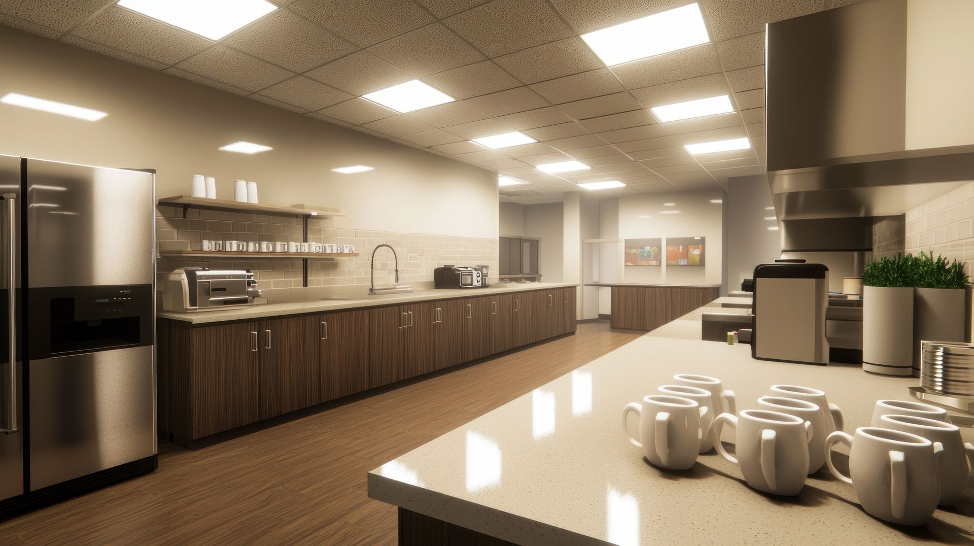 Person mopping a checkered floor in an office building hallway, wearing blue gloves and gray pants.