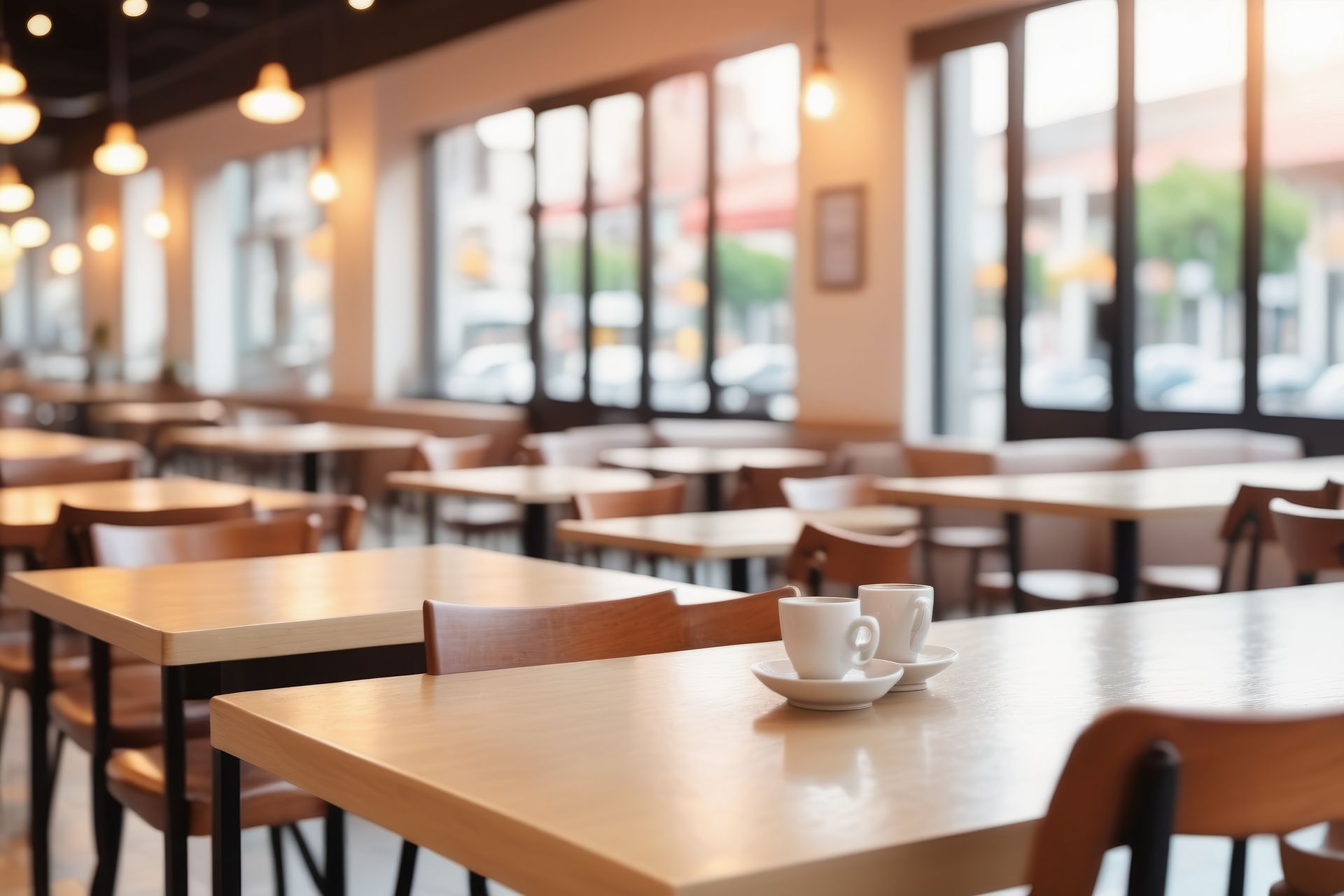 Waitress in apron spraying and wiping a restaurant table.