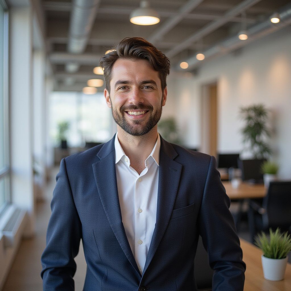 Man in navy blazer smiles in modern office setting.