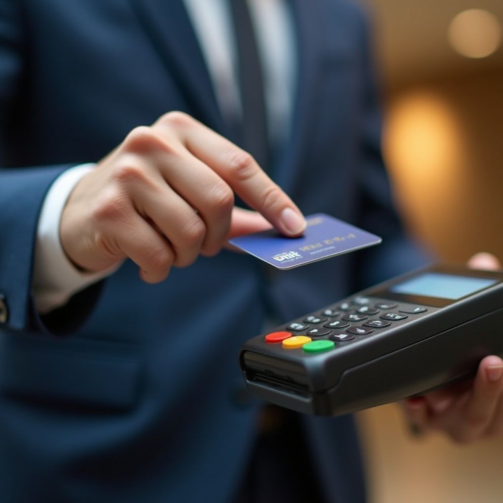 Person in a suit taps a blue credit card on a payment terminal.