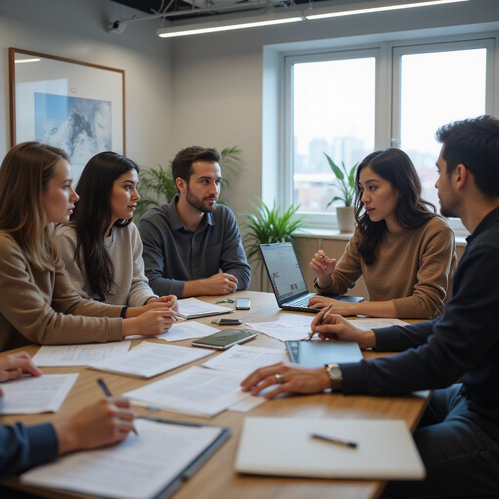People in a meeting at a table, looking at documents and laptop, discussing.