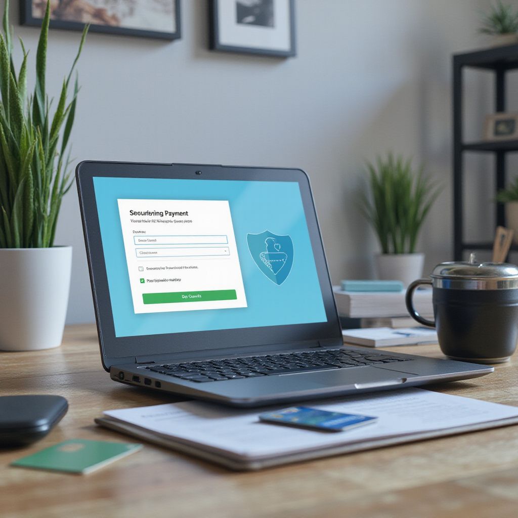 Laptop displaying a secure payment form with a credit card on a desk.