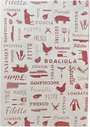 Un tappeto con un motivo raffigurante carne e verdure.