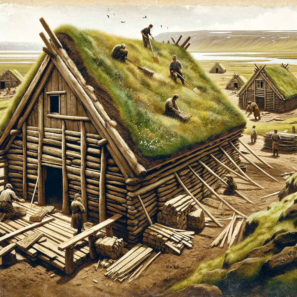 Illustration of the Construction of early viking settlers, creating icelandic Turf houses