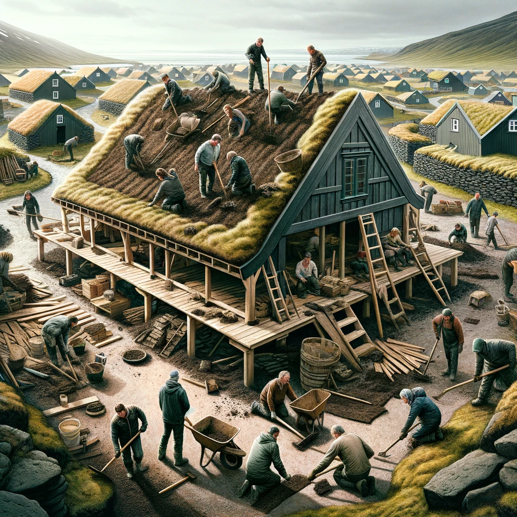 illustration of a group of Icelandic viking settlers working on the roof of a turfhouse