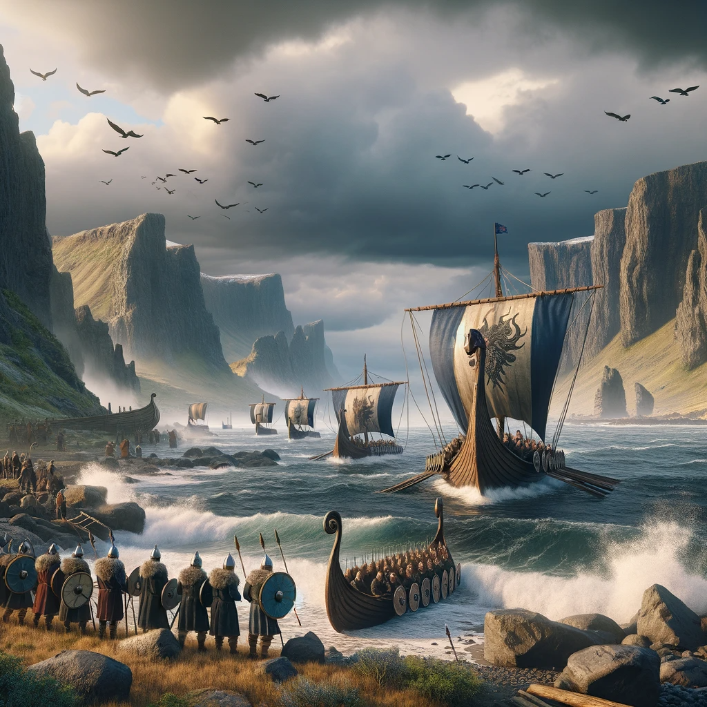 Viking settlers arriving in Iceland on ships