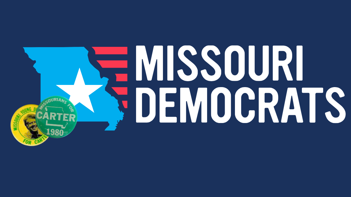 Missouri Democratic Party Logo with two buttons reading: Missourians for Carter& Missouri Young Dems