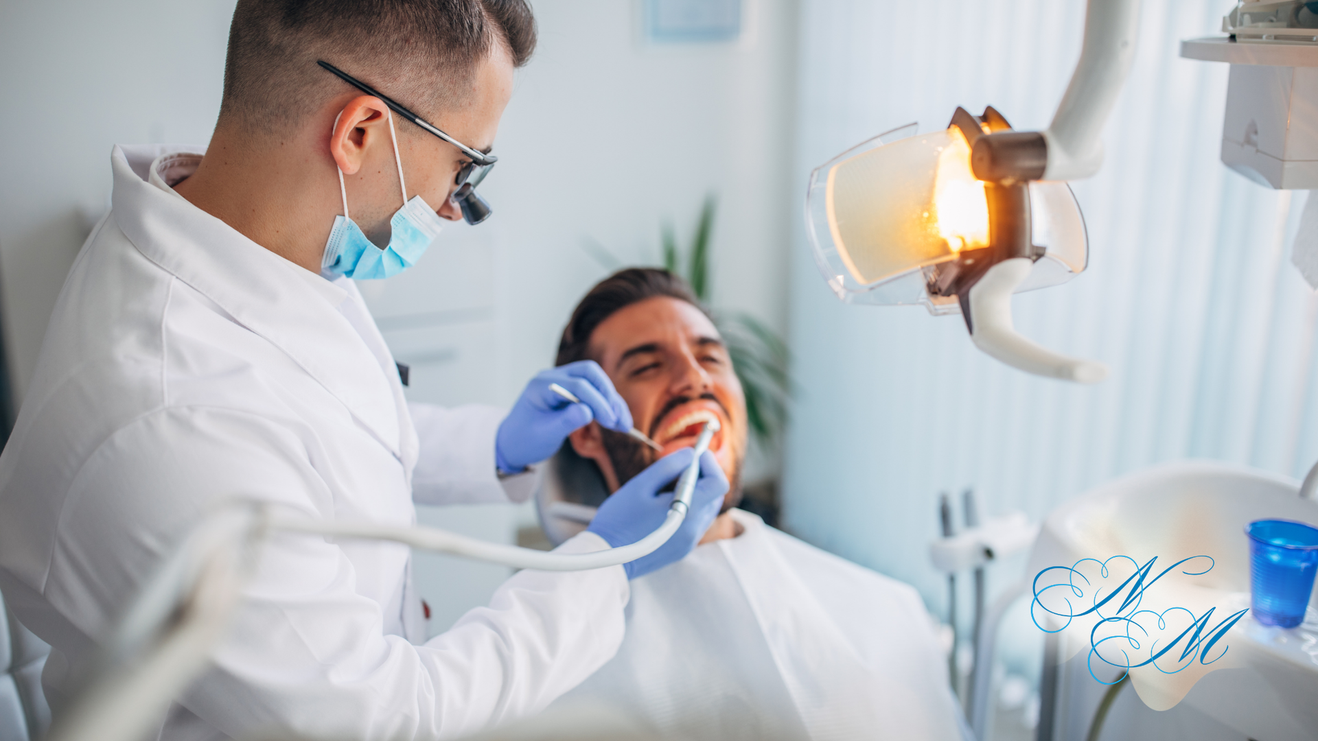 A dentist is examining a patient 's teeth in a dental office.