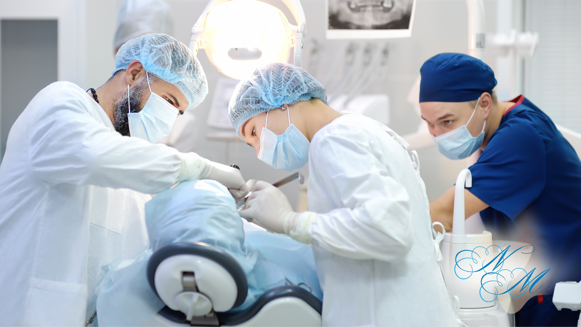 A group of dentists are working on a patient in a dental office.