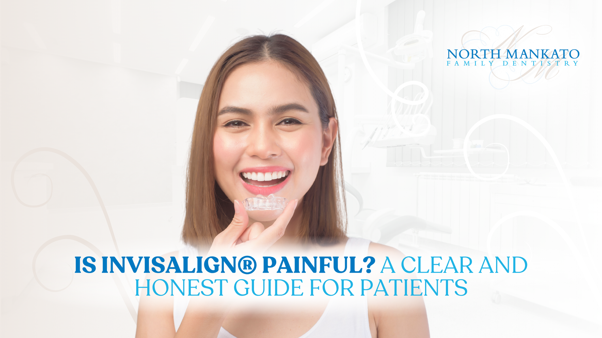 Woman smiling, pointing to chin. Text: 