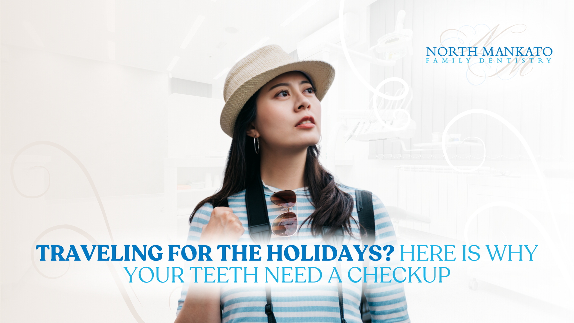 Woman in hat looking up, text 