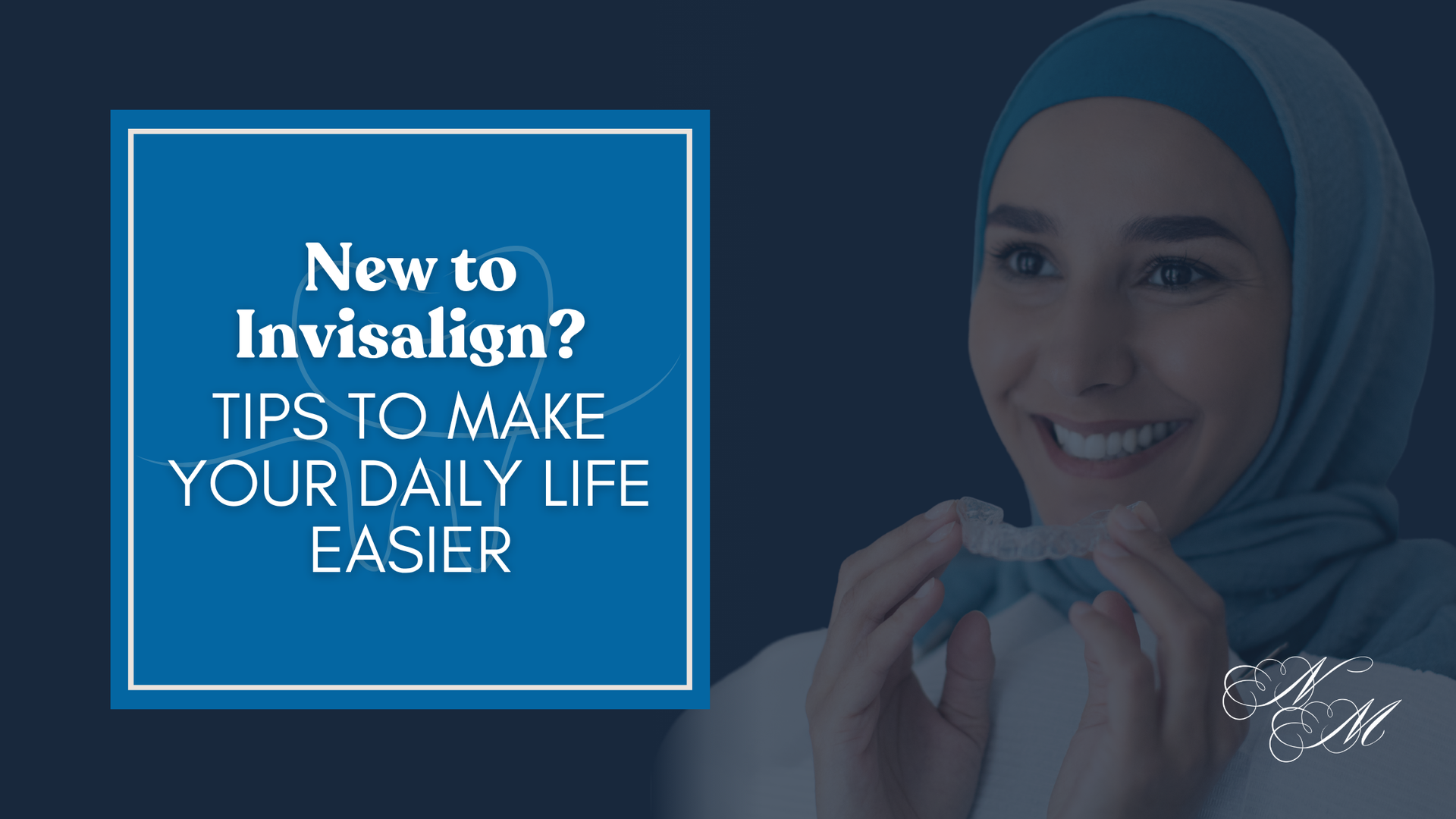 A woman in a hijab is smiling while holding a dental retainer.