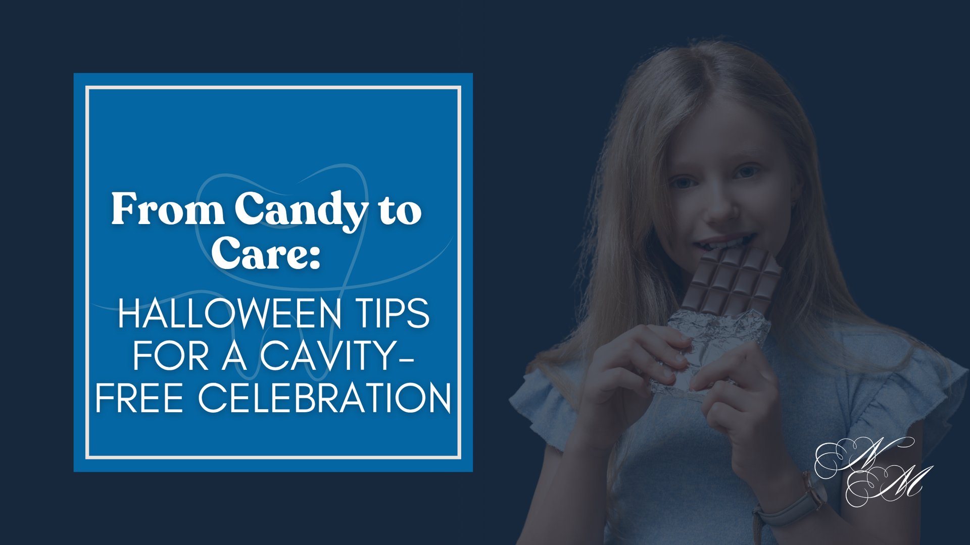 Girl eating chocolate bar; blue square with text 