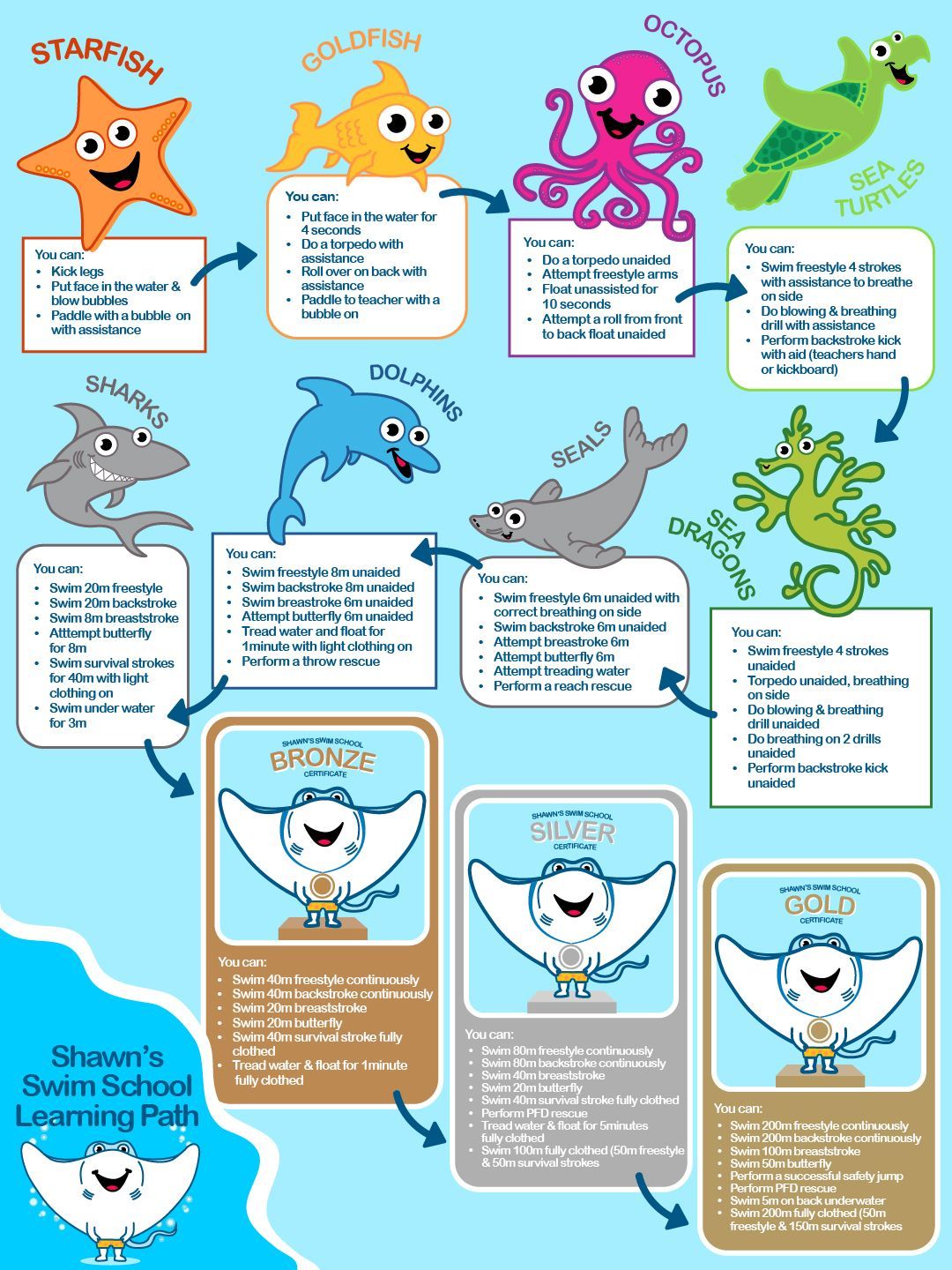 Shawn's Swim School learning path – certificate progression poster