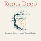 Logo for Roots Deep Property Management: Tree with house and heart, text "Because Home Is More Than a House."