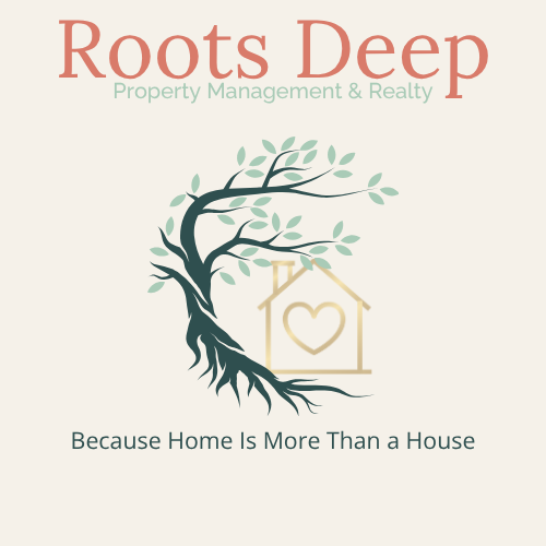 Logo for Roots Deep Property Management: Tree with house and heart, text "Because Home Is More Than a House."