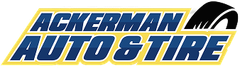 Logo for Ackerman Auto Repair with bold, blue, italicized text on a yellow background.