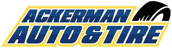 Logo for Ackerman Auto Repair with bold, blue, italicized text on a yellow background.