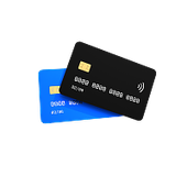 A black credit card placed on top of a blue credit card against a white background.