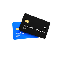 A black credit card placed on top of a blue credit card against a white background.
