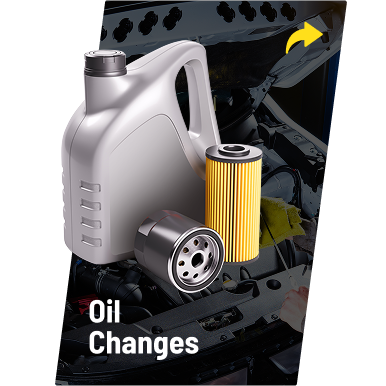 Motor oil, an oil filter, and a paper filter element in front of an open car hood, with the text "Oil Changes."