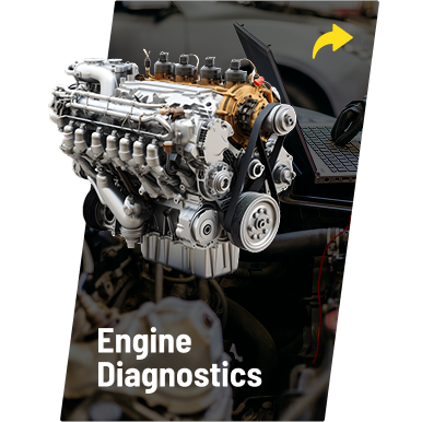 A large industrial engine with visible belts and metal components, labeled "Engine Diagnostics" with a yellow arrow icon.