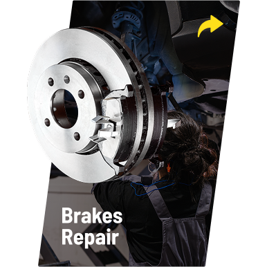A mechanic works on a car's disc brake system, which is prominently displayed in the foreground. Text reads: Brakes Repair.