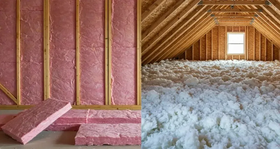 There is a picture of an attic with pink insulation and white insulation.