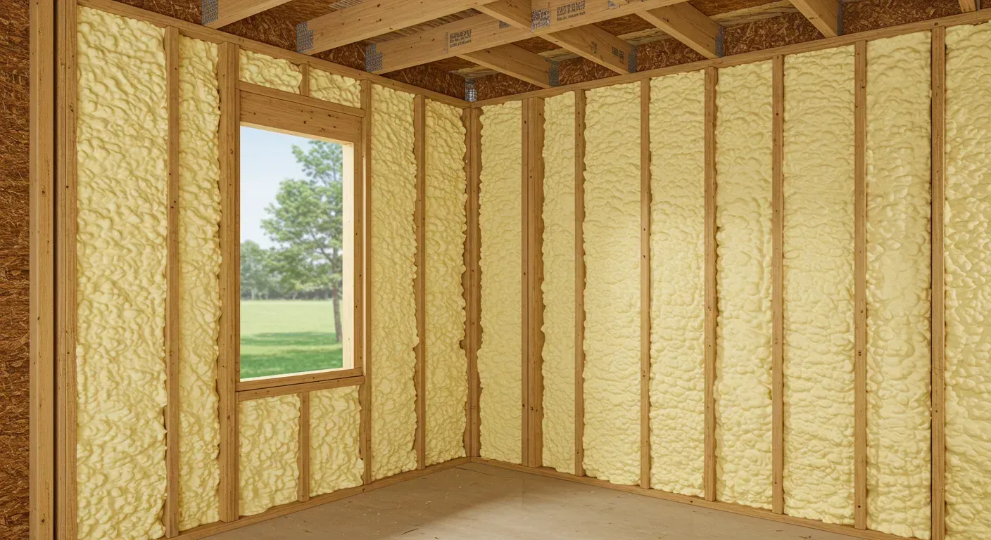 A room with foam insulation on the walls and a window.