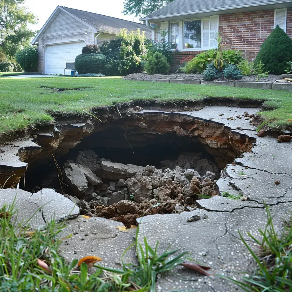 A large hole in the ground in front of a house