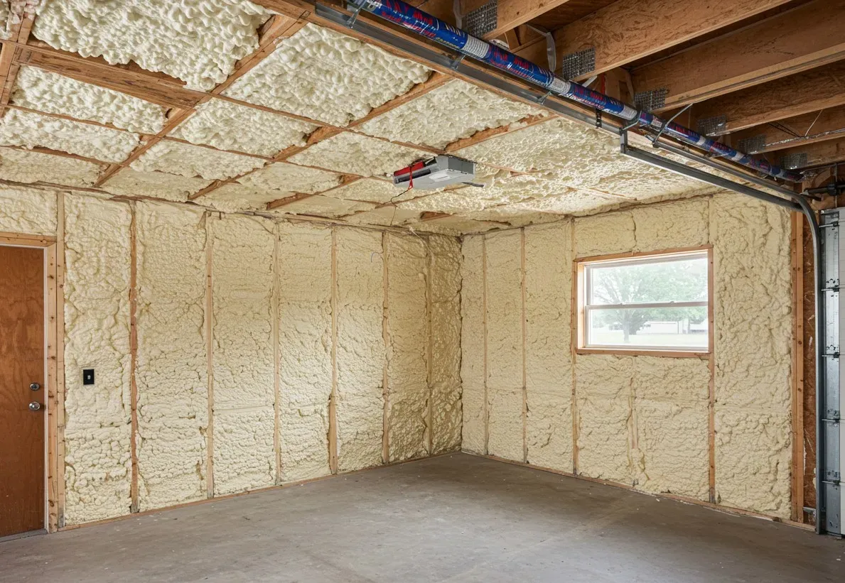 A garage with foam insulation on the walls and ceiling.