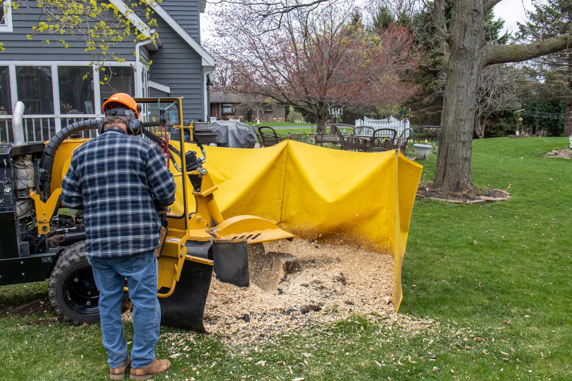 Worker operating a yellow wood chipper, dumping wood chips in a grassy yard