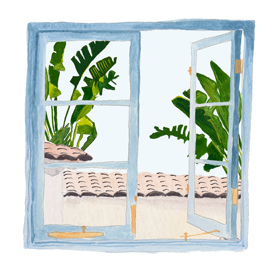 Open blue window with leafy green plants and rooftop view outside