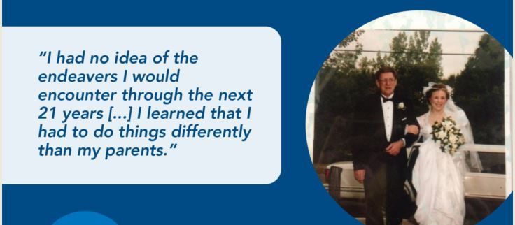 Couple on wedding day, bride in white dress, groom in tux, quote: 