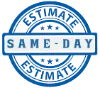 A blue and white stamp with the words `` estimate same day '' written inside of it.